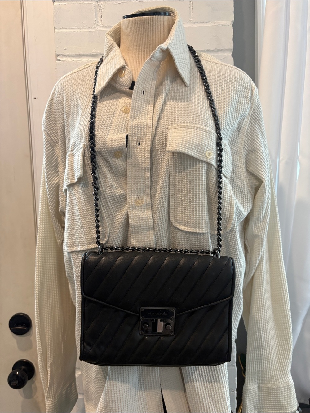 Michael Kors Black Rose Quilted Chain Crossbody Bag. Black Gun Metal